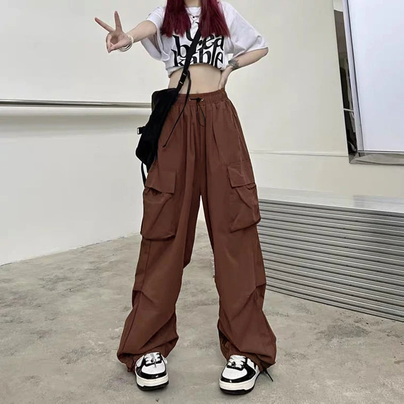 Chic Matching Loose Women's Wide Leg Pants Elastic Waist Drawstring Patchwork Straight Leg Pant Casual Streetwear New Sportswear