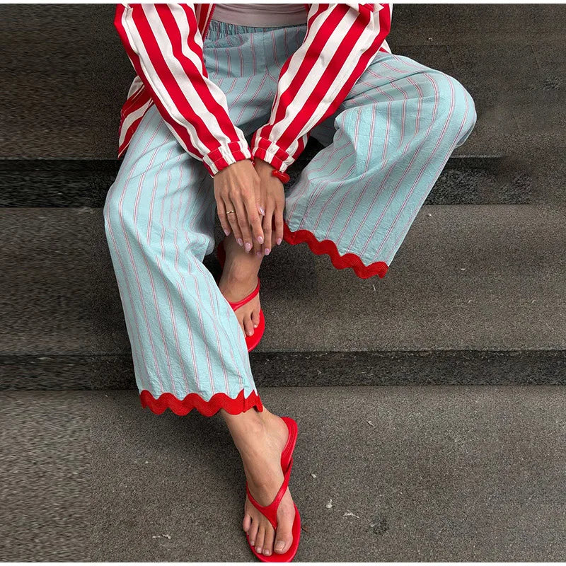 Casual Wavy Hem Women's Pant Striped Elastic Waist Big Pocket Wide Leg Pants 2026 Summer Autumn Fashion Female Trousers Bottoms