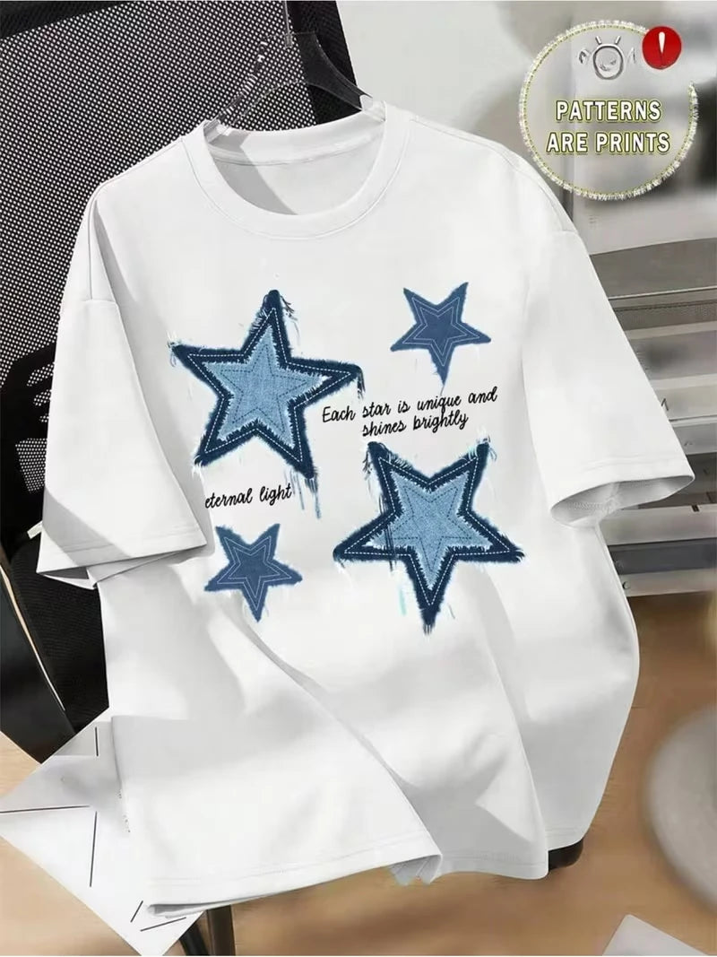 Women's T-shirt,Distressed Denim Star Print Graphic T-Shirt, Casual Crew Neck Short Sleeve Tee,Top for All-Season Daily Wear