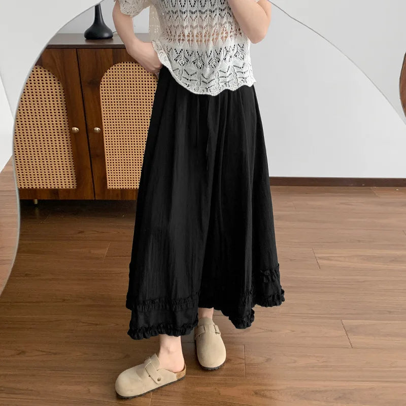 Women's Casual Solid Color Ruffles Maxi Skirt Elastic Waist A Line Light Yellow Long Skirt Spring Summer Beach Vacation Skirts