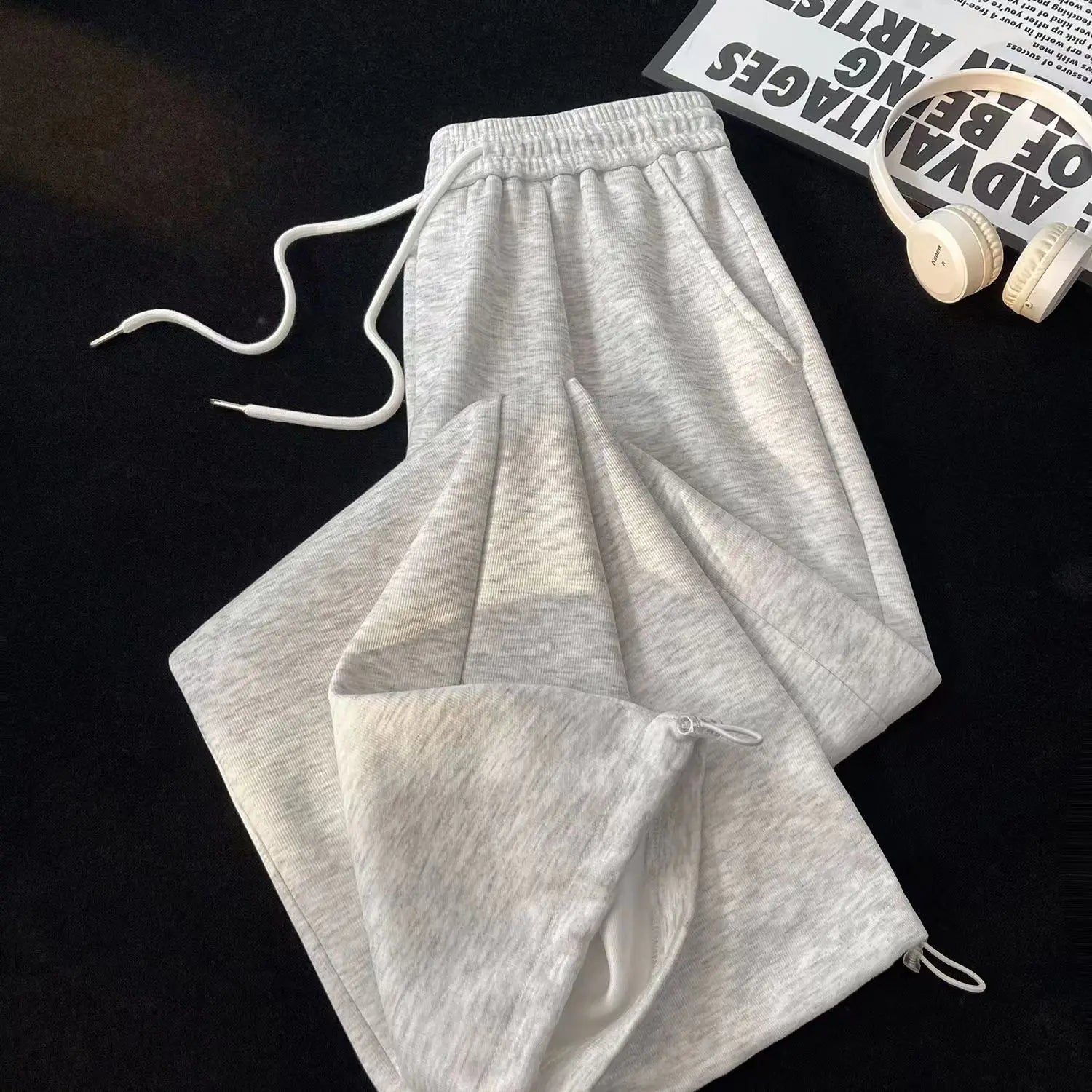 Retro Fashion Loose Straight Leg Casual Pants Harajuku Street Wear Women Baggy Pants High-Waisted Drawstring Solid Sports Pants