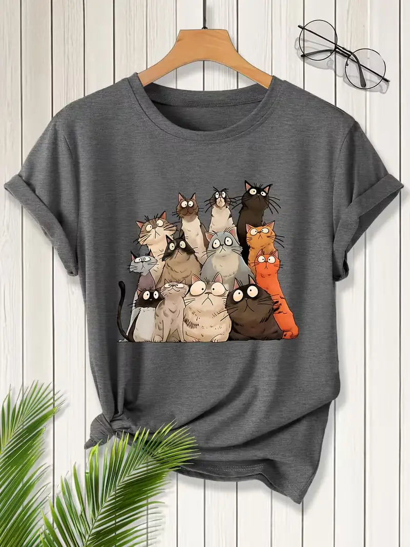 Plus size women's short sleeve T-shirt Cats Holding Computer Screen breathable fabric summer outfits women's clothing