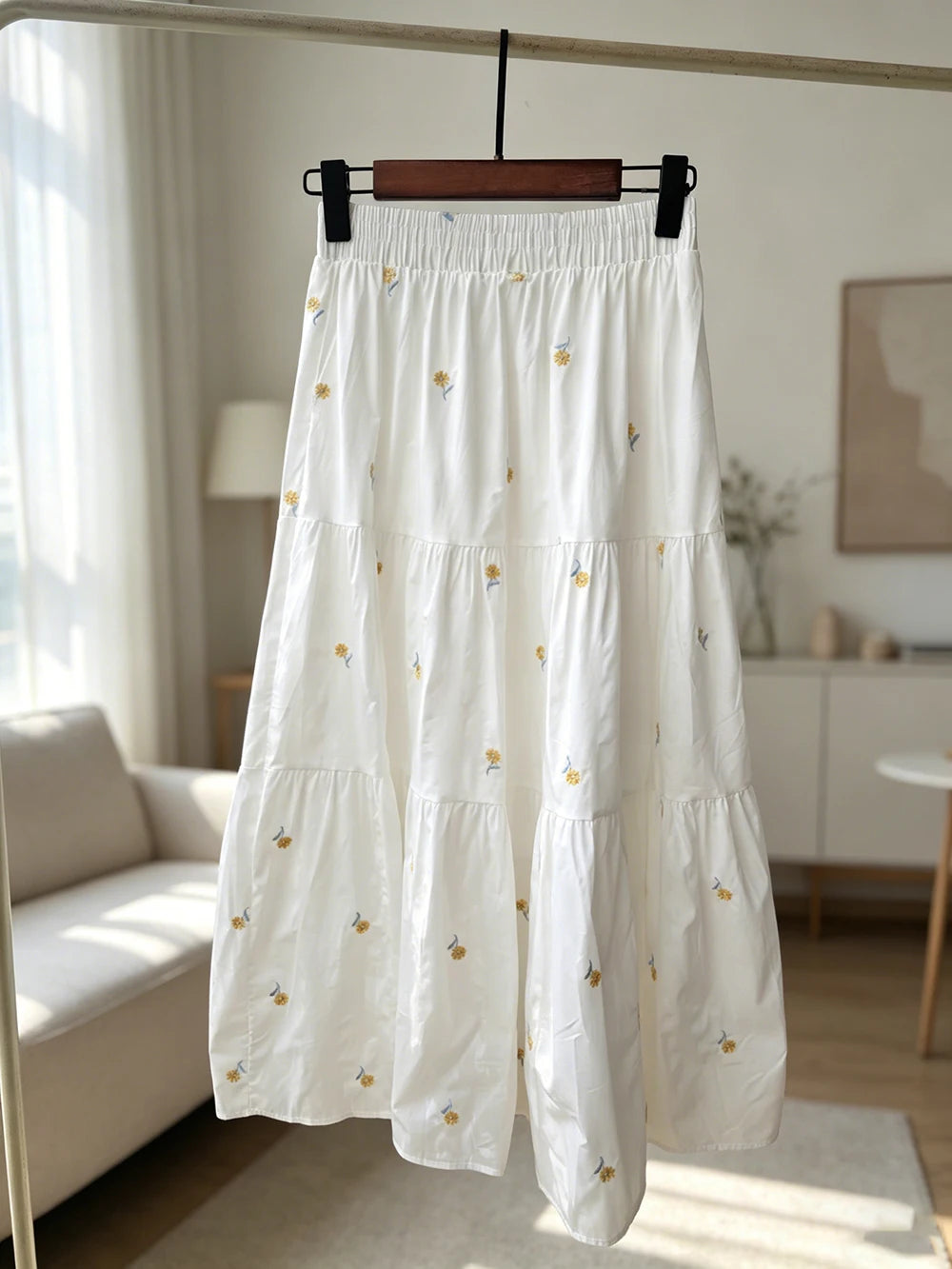 Sweet Embroidery Floral Long Skirts Women High Waist Loose Elegant Skirt Vintage Casual Preppy Style Female Cute A Line Skirt