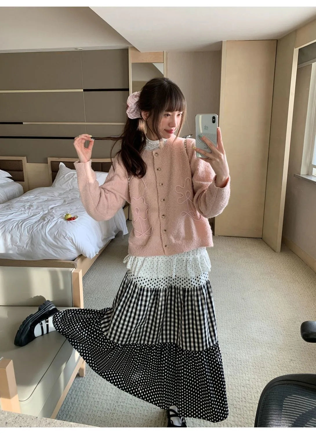 Women Patchwork Maxi Skirt Polka Dot Plaid Tiered Long Skirt Casual Loose High Waist A Line Flowy Beach Vacation Skirts