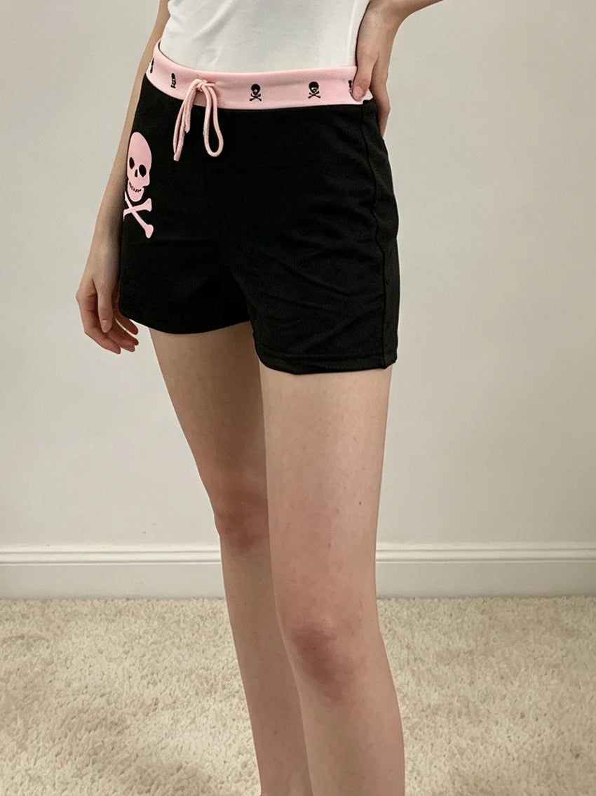 Women Harajuku Skull Pattern Shorts Pink Contrast Waist Drawstring Elastic Short Pants Y2K E-girl Gothic Daily Streetwear Bottom